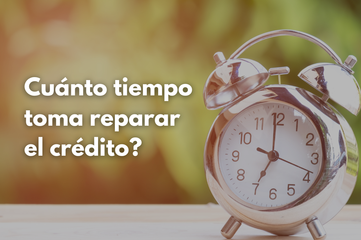 Reloj con el texto “¿Cuánto tiempo toma reparar el crédito?”